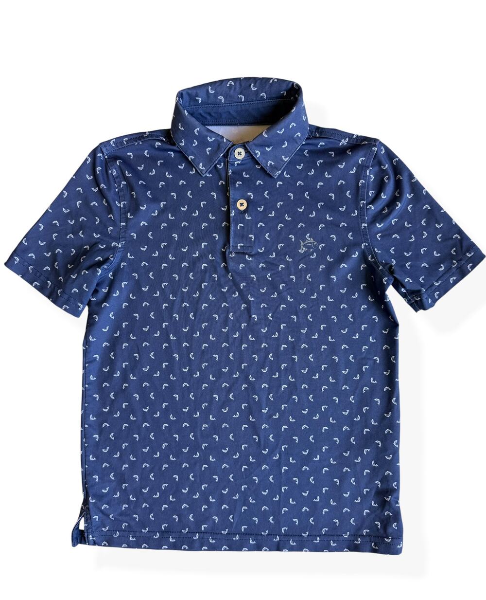 Southern Tide Boys 6-7 Navy Fish Print Performance Polo Shirt